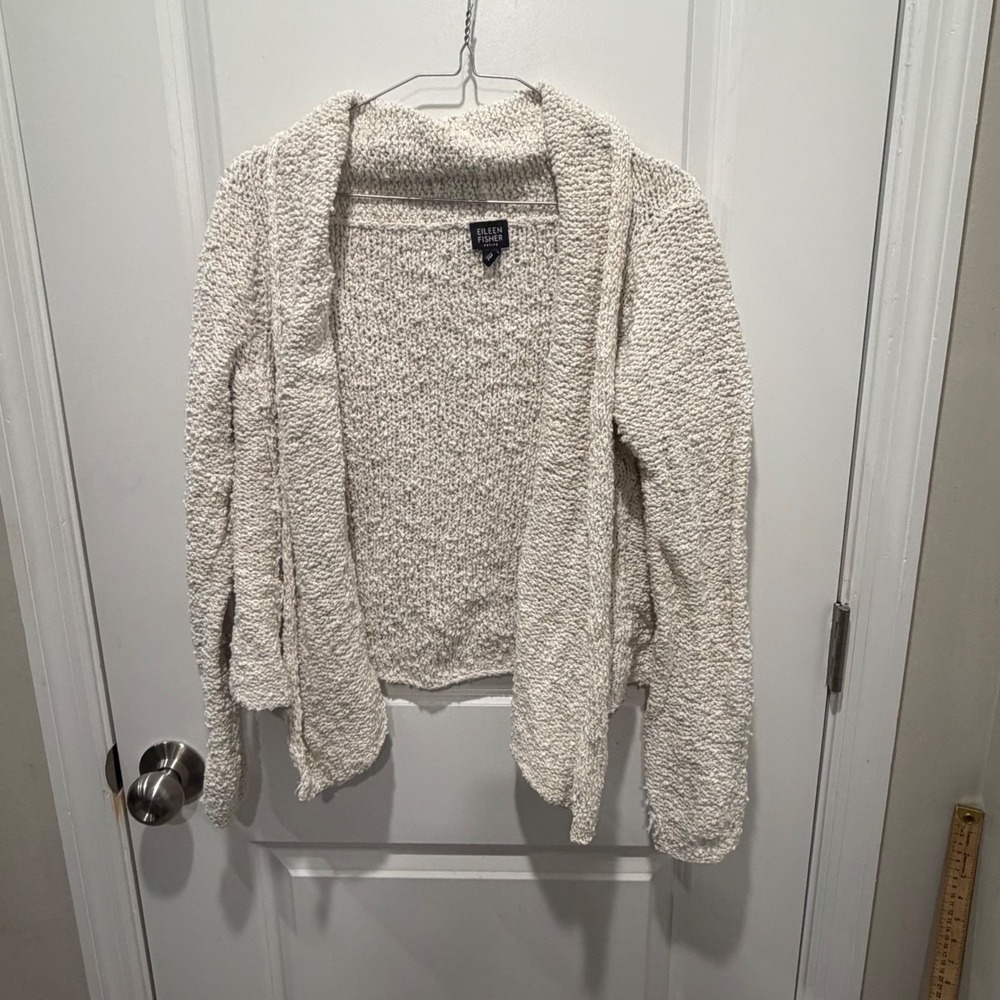 Eileen Fisher Womens Cardigan Cotton Linen Textured Open Front Cream PM